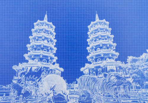 藍晒台灣建築系列 - 龍虎塔  |精選產品|卡片明信片